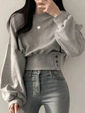 Autumn/Winter Solid Color Drop-Shoulder Long-Sleeve Button-Waist Casual Sweatshirt, Fall/Winter Graduation Wear, Back-to- Wear - Grey
