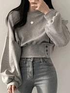 Autumn/Winter Solid Color Drop-Shoulder Long-Sleeve Button-Waist Casual Sweatshirt, Fall/Winter Graduation Wear, Back-to- Wear - Grey