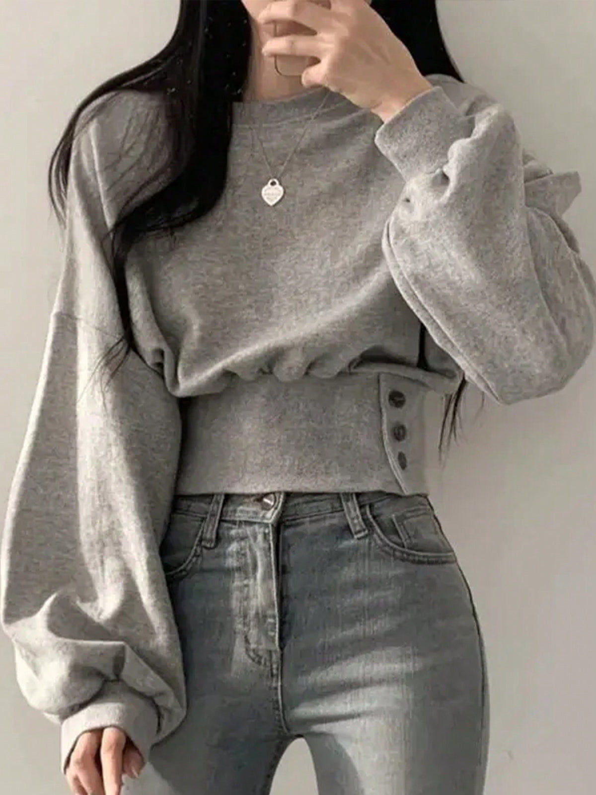 Autumn/Winter Solid Color Drop-Shoulder Long-Sleeve Button-Waist Casual Sweatshirt, Fall/Winter Graduation Wear, Back-to- Wear - Grey