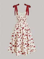 Bowknot Spring Break Long Summer Floral Print Tie Shoulder Strap Dress - Burgundy