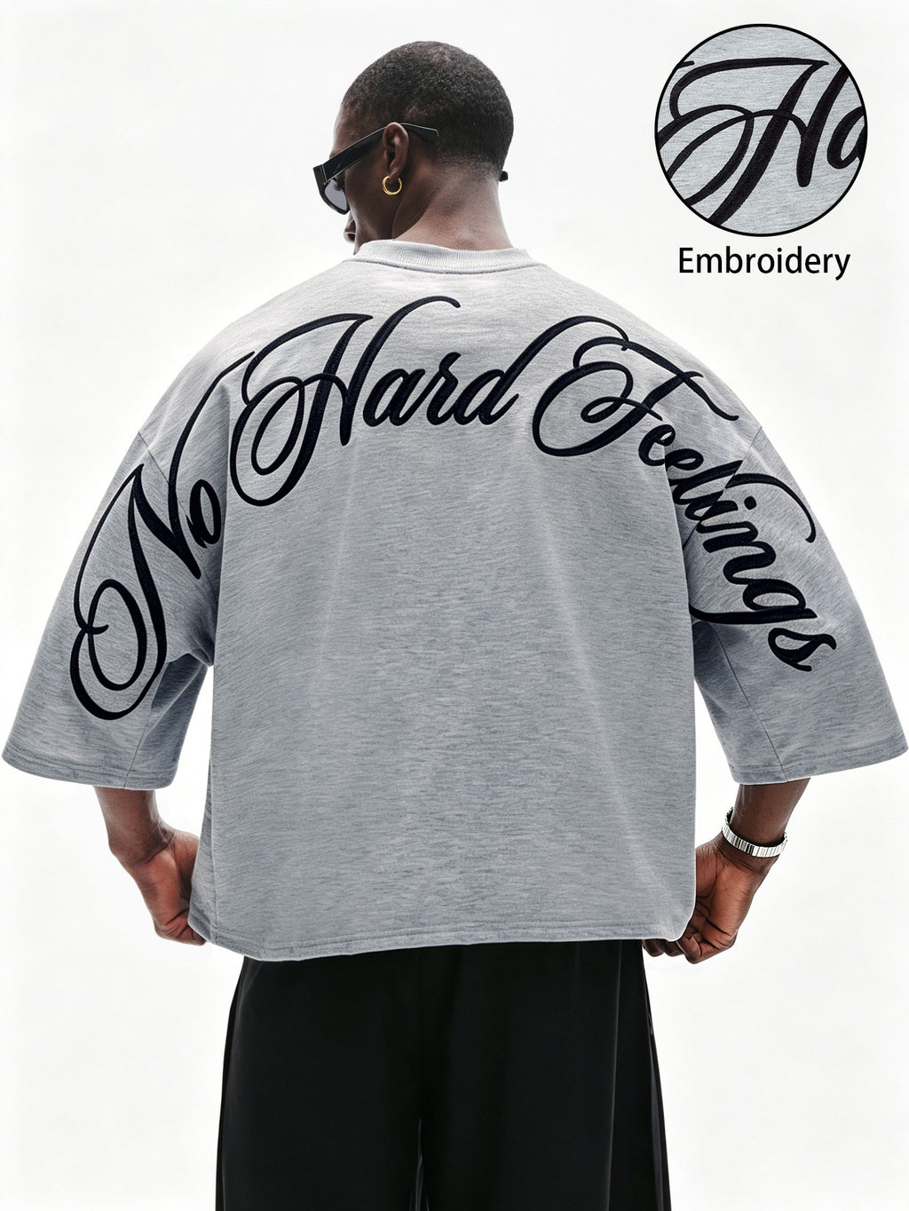 Men'S Short Loose Short Sleeve T-Shirt, Back Wrap Arc Floral English Fashion Embroidered Top, Machine Washable - Grey