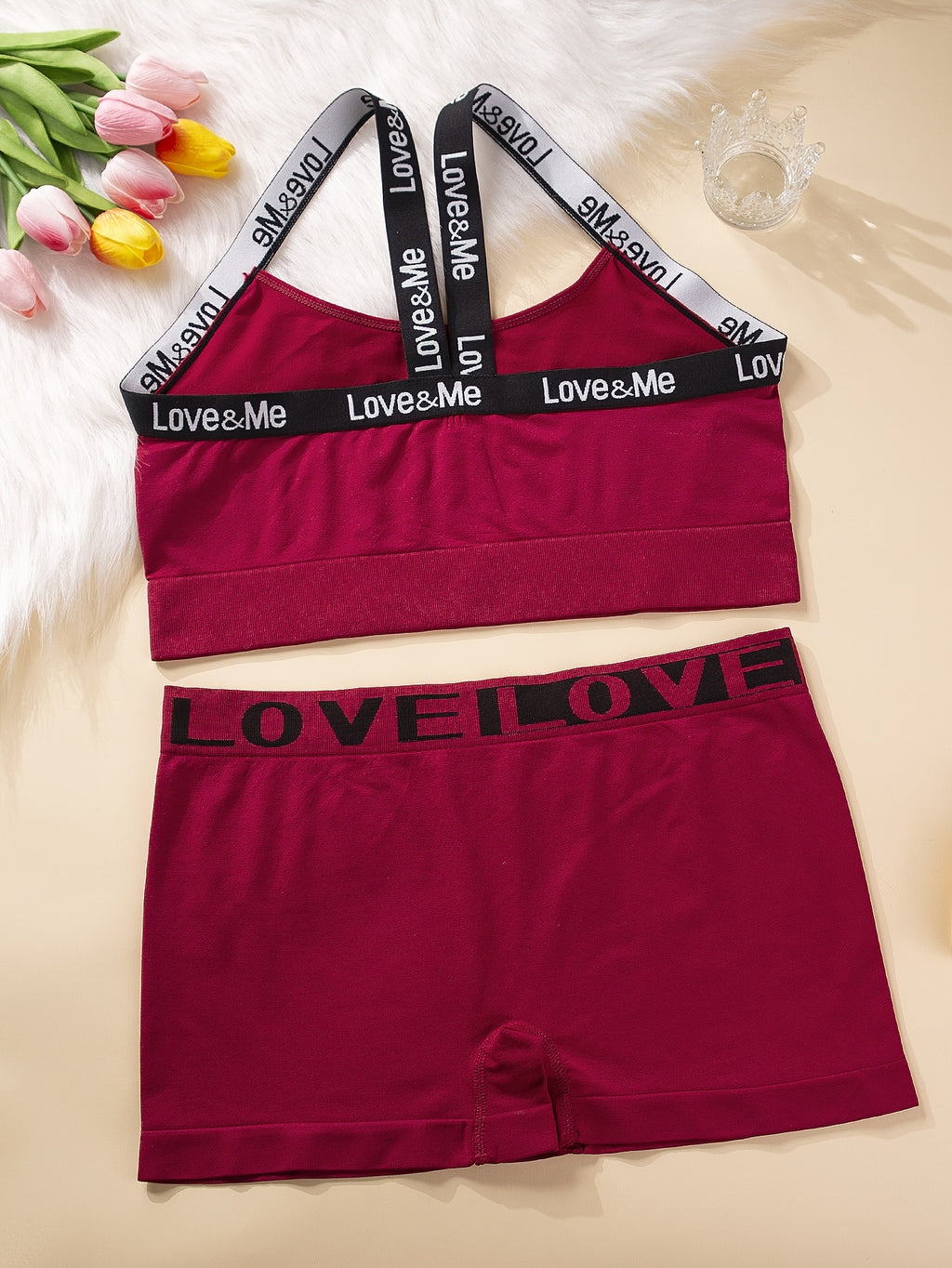 1 Set Plus Size Smooth Women'S English LOVE Panty And Bra Set Seamless Casual Mid-Waist Tummy Control Safety Shorts Four-Corner Pants Underwear Sexy Solid Soft Comfortable Butt Lifting Anti-Exposure Suitable for Daily Casual Leggings Breathable - Burgundy