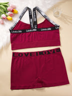 1 Set Plus Size Smooth Women'S English LOVE Panty And Bra Set Seamless Casual Mid-Waist Tummy Control Safety Shorts Four-Corner Pants Underwear Sexy Solid Soft Comfortable Butt Lifting Anti-Exposure Suitable for Daily Casual Leggings Breathable - Burgundy