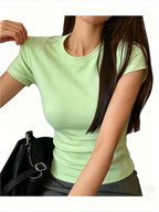 Women'S Casual Short Sleeve T-Shirt, Ladies Round Neck Slim Fit Inner Wear Bust-Enhancing Stretch Tight Solid Base Layer - Green