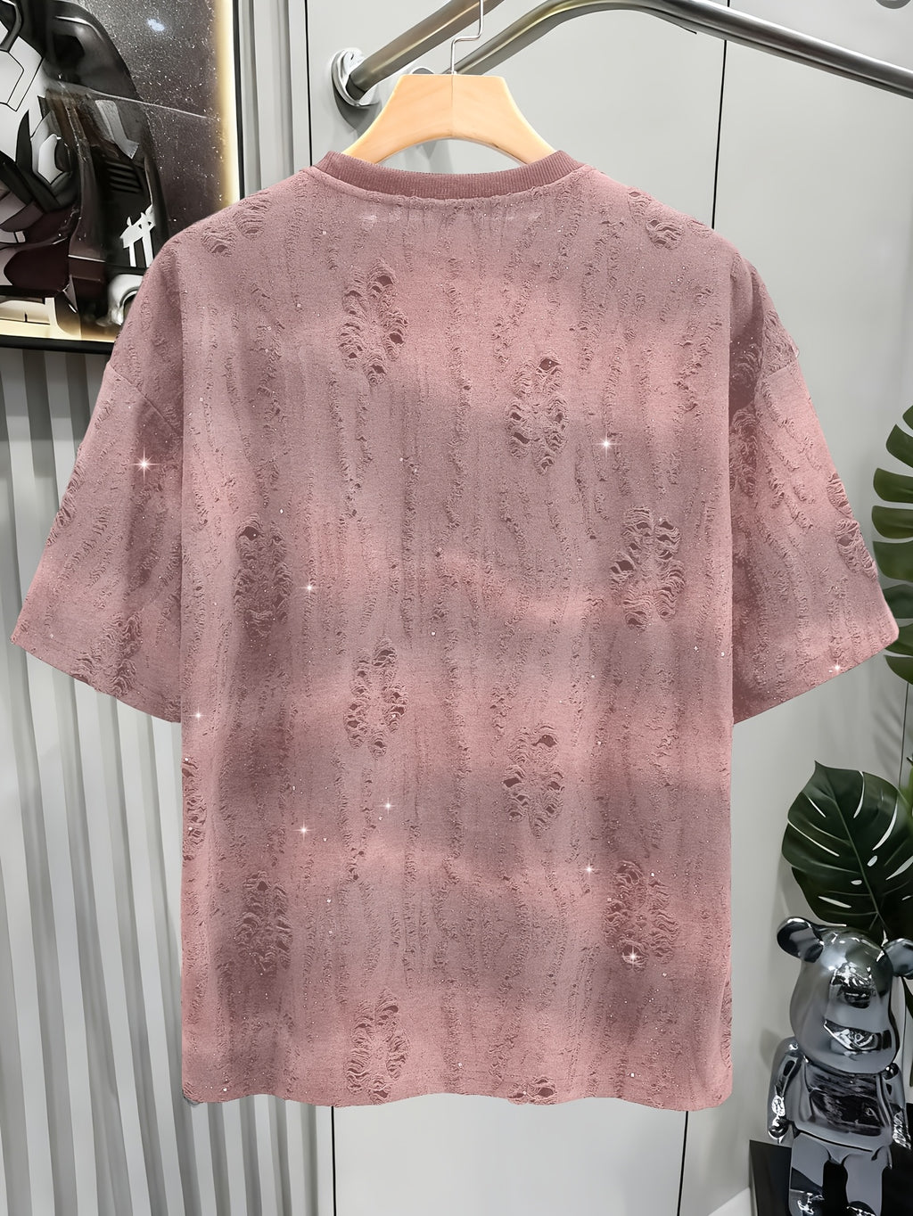 Textured Short Sleeve T-Shirt Black TUNNEL Letter Print Casual Street Style - Pink Color