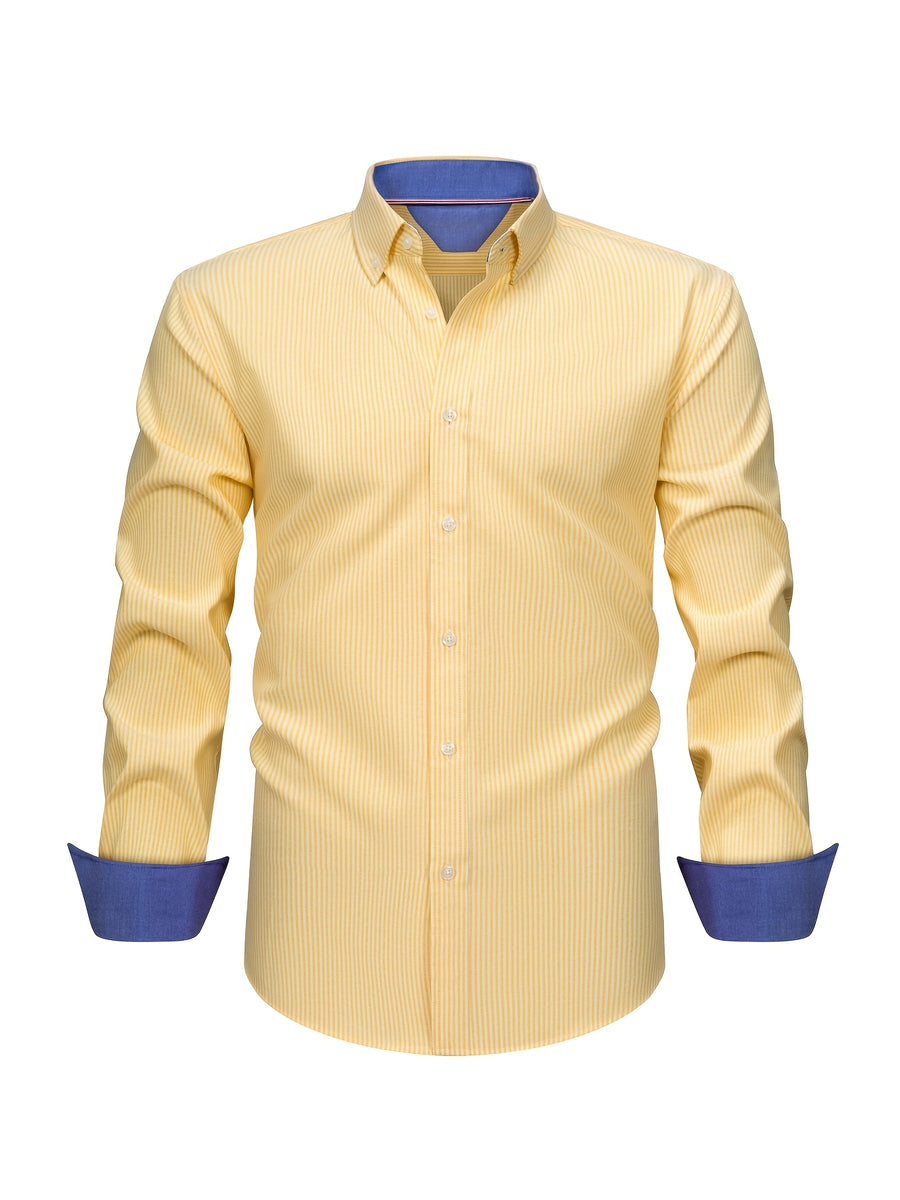 New Cotton Oxford Shirt for Men, Casual Fashion Long Sleeve with Collar and Cuff Patchwork Design, Comfortable and Fitted Business Loose Shirt, Button-Up Striped Dress Shirt, Long Sleeve Collared Striped Dress Shirt for Office Work, Fine Stripe Shirt - Yellow Bottom White Strips