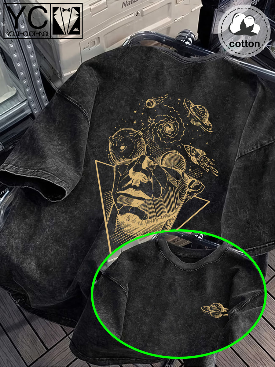 Men's Casual Cosmic Thinker Golden Starry Sky + Thinker Pattern Print T-Shirt, Distressed Washed Denim Vintage Style T-Shirt - Short Sleeve Washed Texture Style, Loose Fit Crew Neck Men's Top with Textured Effect (No Layering/Solid Color) - Black
