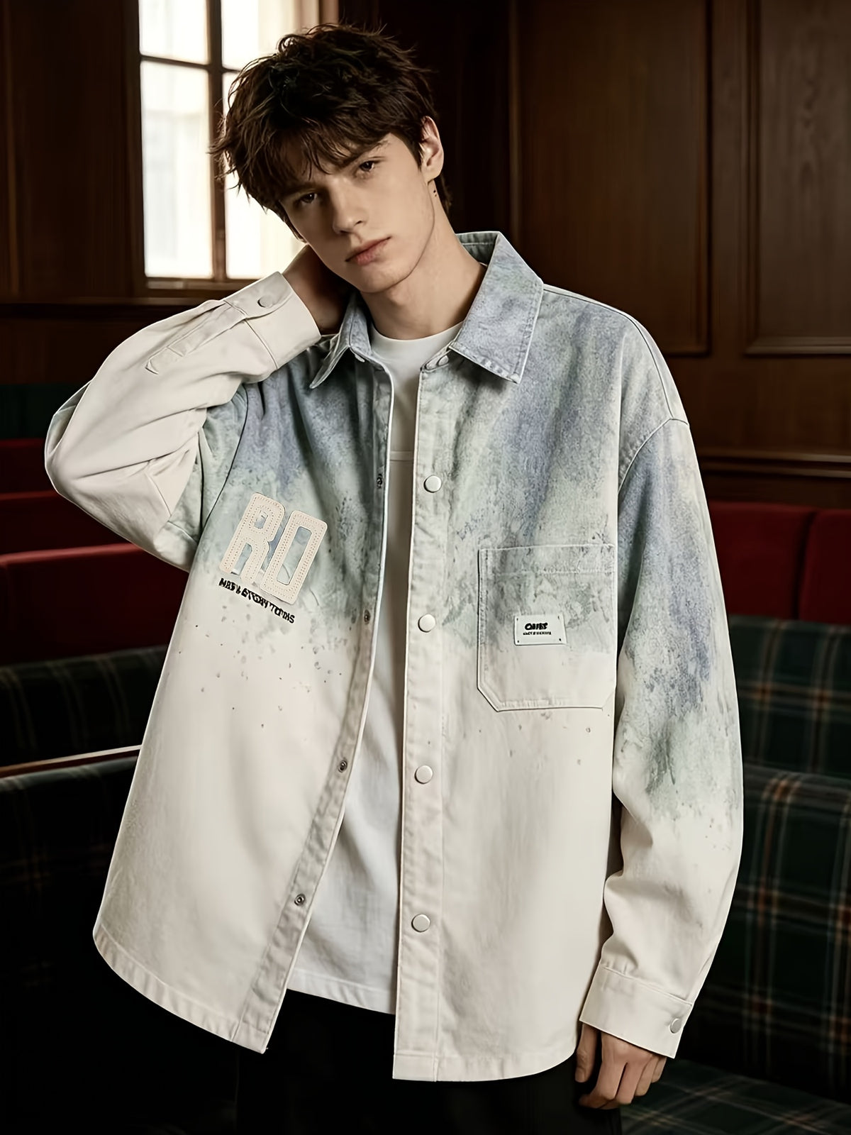 [Pearson OBM] Faux Denim Jacket Outerwear Gradient Long Sleeve Cardigan Couple Style Versatile Top Long Sleeve Shirt - Green