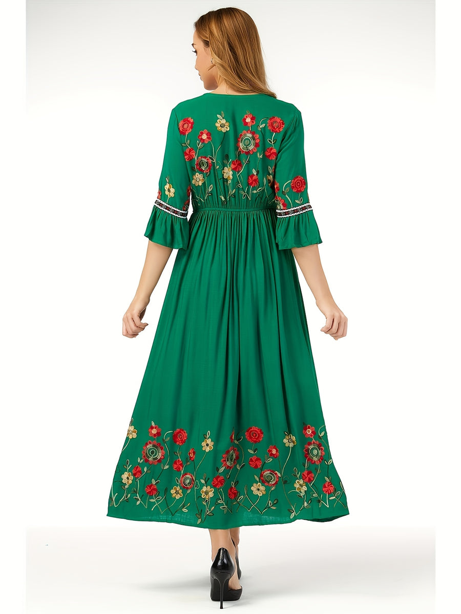 Bohemian Style Women'S Floral Embroidered Maxi Dress - V-Neck, 3/4 Sleeve, Elastic High Waist, Slight Flare Skirt, Ideal for Wedding Guests, Vacation, And Casual Wear - Green