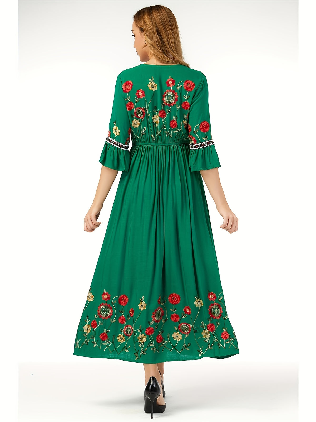 Bohemian Style Women'S Floral Embroidered Maxi Dress - V-Neck, 3/4 Sleeve, Elastic High Waist, Slight Flare Skirt, Ideal for Wedding Guests, Vacation, And Casual Wear - Green