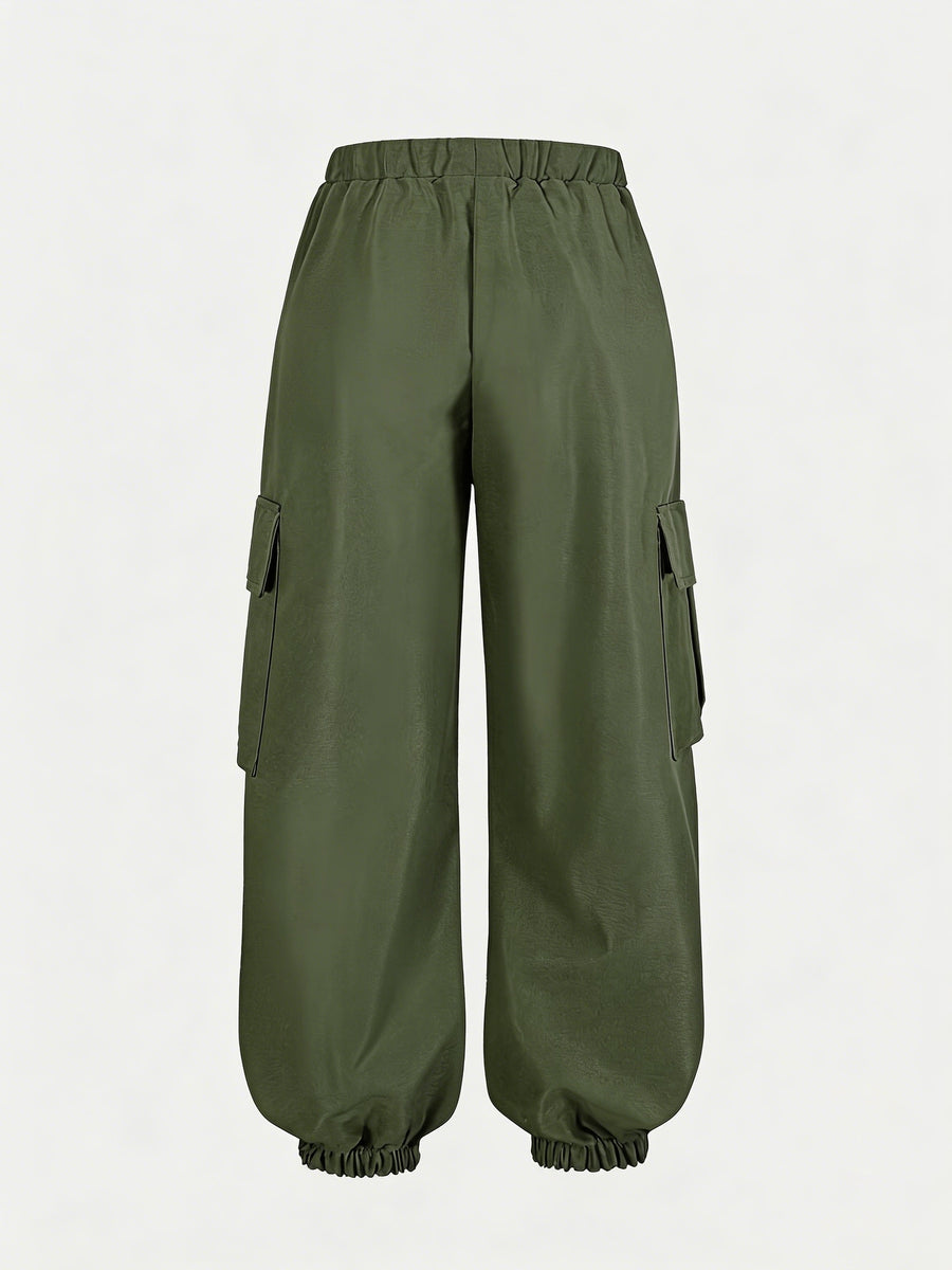 Millennial Y2K Cargo Pants for Women, Loose Flame Print Trousers, Retro Gothic Street Style with Elastic Waist And Ankle Cincher, Hip-Hop Hot Baggy Long Pants, Casual All-Match Bottoms - Olive Green