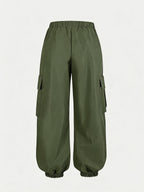 Millennial Y2K Cargo Pants for Women, Loose Flame Print Trousers, Retro Gothic Street Style with Elastic Waist And Ankle Cincher, Hip-Hop Hot Baggy Long Pants, Casual All-Match Bottoms - Olive Green