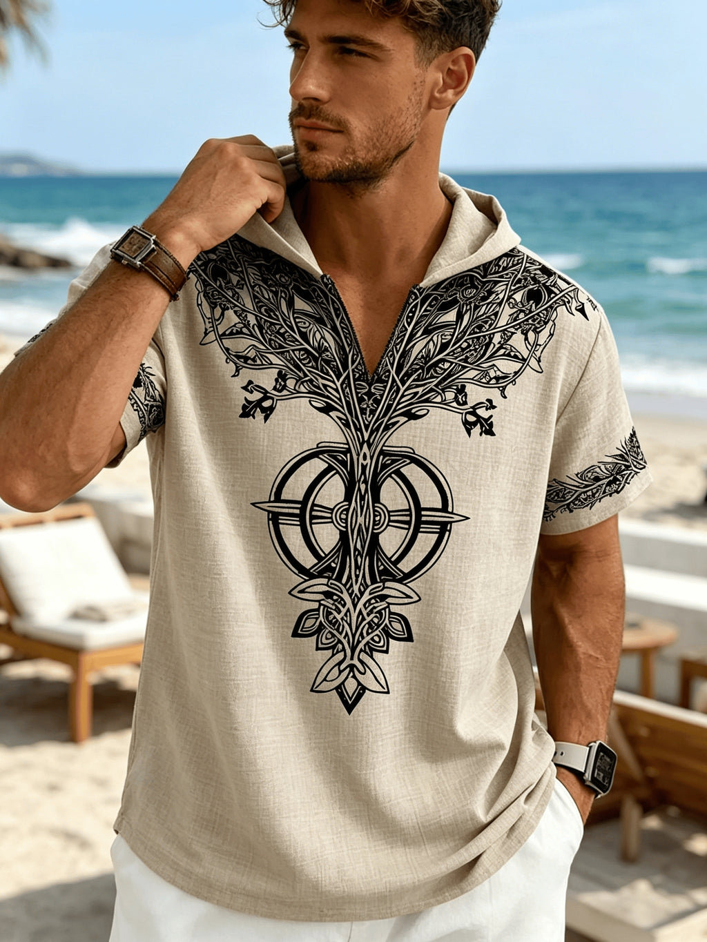 Western Retro Men'S Hooded Short Sleeve Shirt Thin Breathable Totem Print Half-Button Loose Casual Beach Vacation Men'S Clothing - Apricot