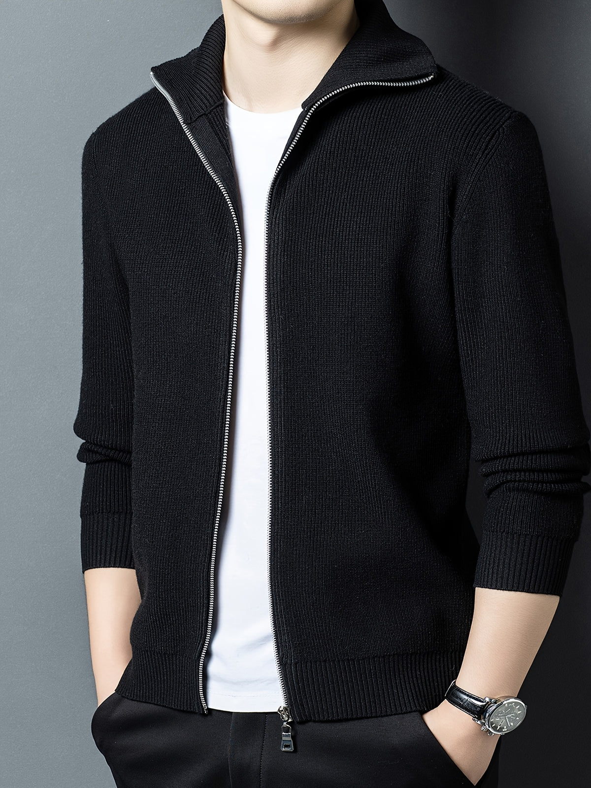 Lapel Full-Zip Knit Cardigan Jacket, Versatile And Practical - SINBOS - Black