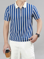 [Star Prosperity Selection] Summer Men'S Lapel Polo Shirt, Trendy Fashionable All-Match Zipper Striped Top, Business Casual Short Sleeve T-Shirt, Suitable for Daily Work Scenarios - Blue