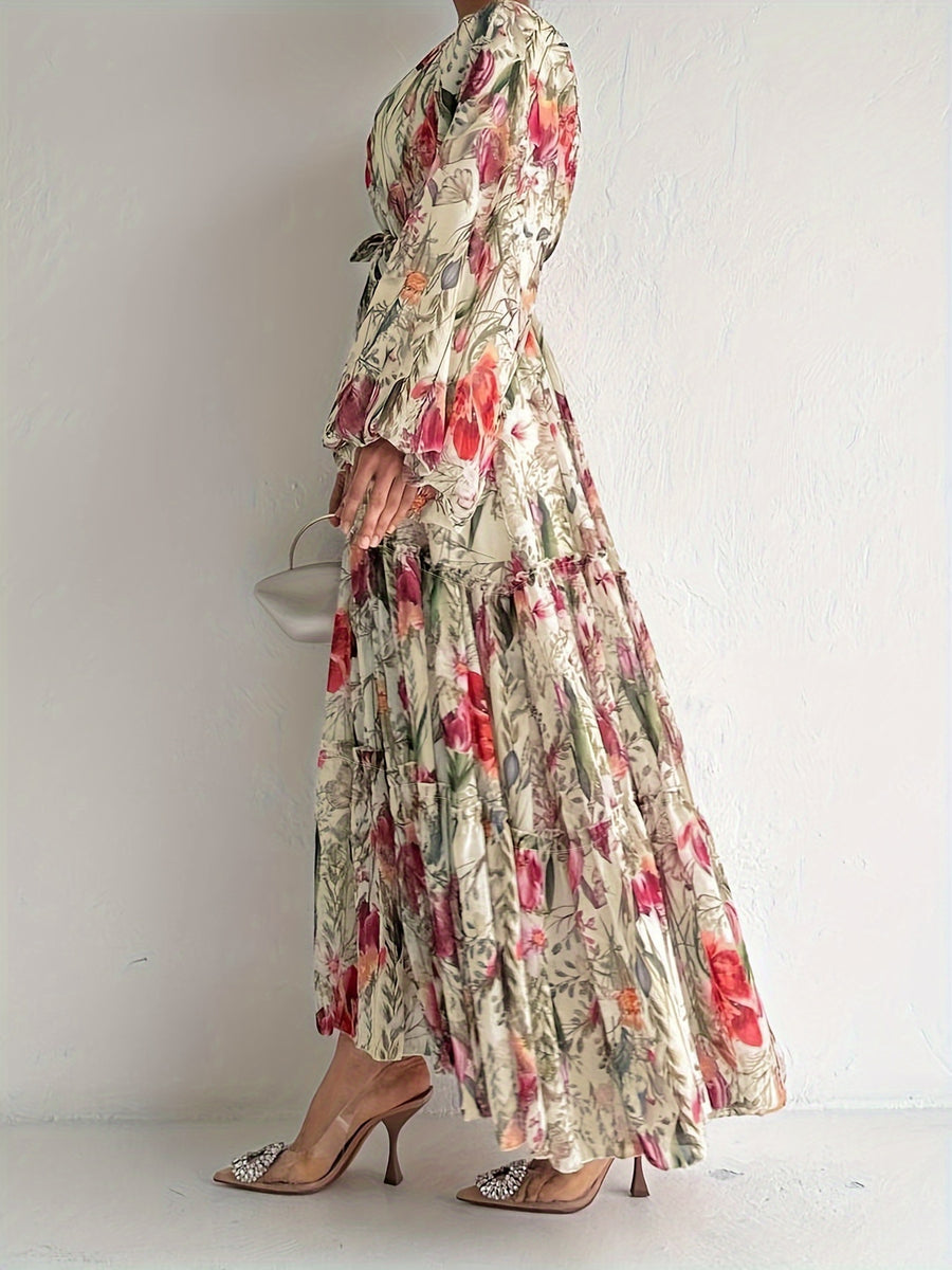 Middle Eastern Muslim Fashion Floral Print Long Dress - Watermelon Red