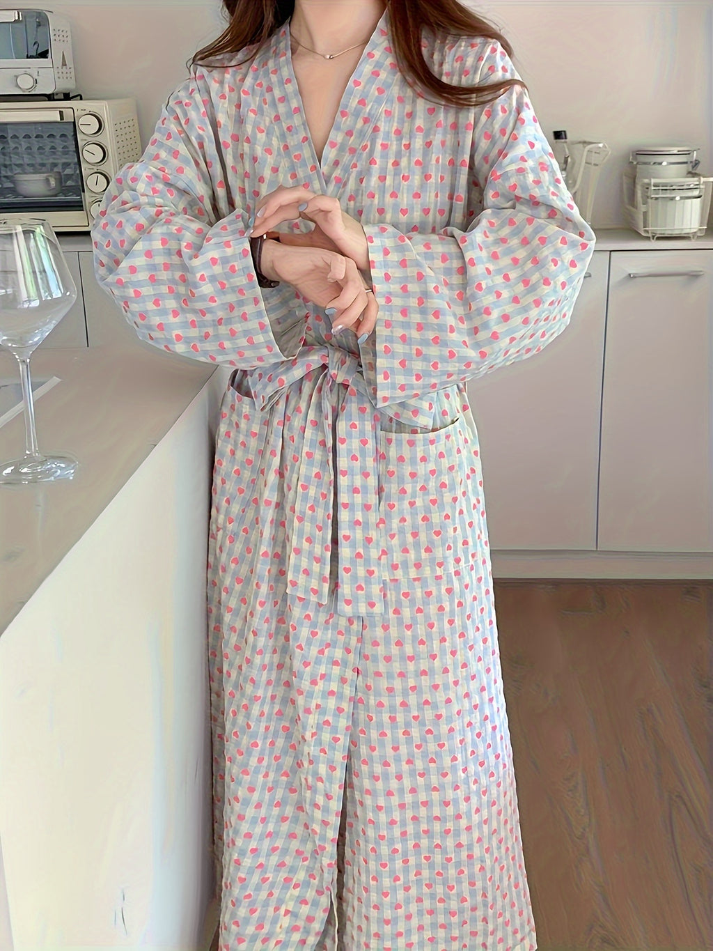 New Women's Fashionable High-End Heart Plaid Plus Size Loungewear, Simple Design Spring/Summer Robe, Mid-Length Loose Fit Versatile Sweet Home Robe - Mix