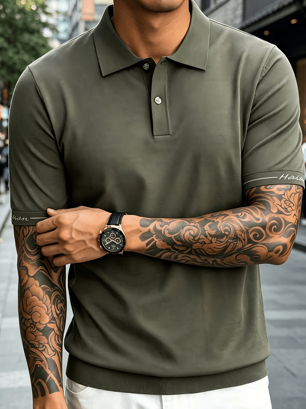 Men's Knitted Short-Sleeve Polo Shirt - Urban Street Scene Exterior Shot, Slim Fit, Lapel Collar, Two-Button, Business Casual Commuter Thin Top, Solid Color Knit Top with Embroidered Cuff Design - Autumn Bamboo Green