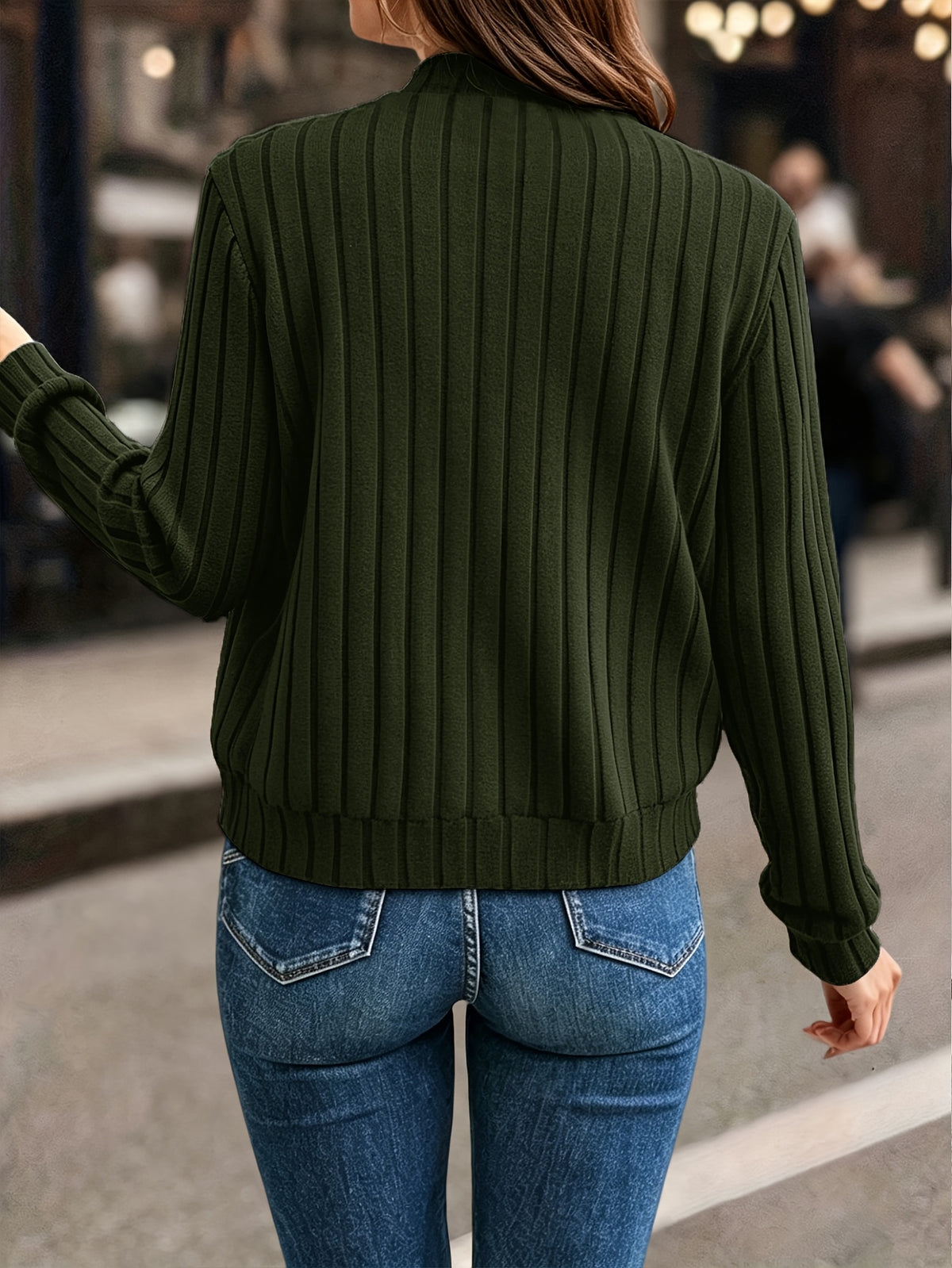 Elegant Directional, Elegant Solid Color Ribbed Zipper Long-Sleeve Jacket Coat - Autumn/Winter Style, Suitable for Commuting, Elegant Casual Wear, Wear - Green