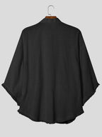 Men Leisure Tops Tassel Decor Stand Collar Half Sleeve Loose Thin Outdoor Street Summer Casual Shirt - Black