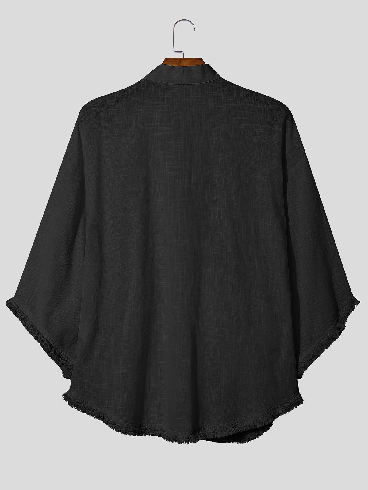 Men Leisure Tops Tassel Decor Stand Collar Half Sleeve Loose Thin Outdoor Street Summer Casual Shirt - Black