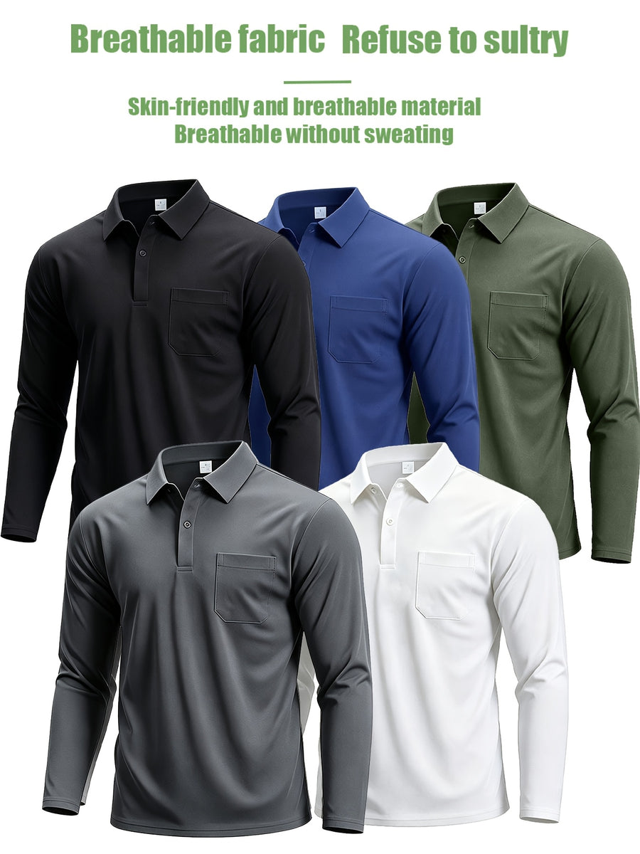 3pcs Men'S Long Sleeve Polo Shirt with Chest Pocket Design, Solid Color Quick-Dry Breathable Golf Polo Shirt, Soft And Smooth, Suitable for Spring And Autumn Wear, Lightweight Daily Commuting, Outdoor Sports, Business Basic Clothing - Black+Navy+Green
