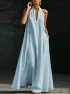 Women's Summer V-Neck Linen-Look Maxi Dress with Hidden Pockets - Sky Blue