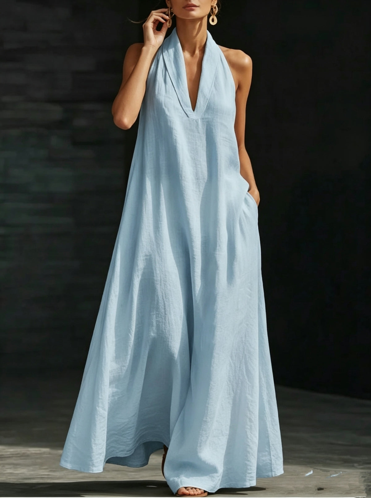 Women's Summer V-Neck Linen-Look Maxi Dress with Hidden Pockets - Sky Blue