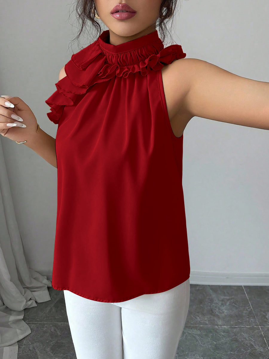 Fashionable Office Women's Solid Color Halter Top, Versatile Pleated Halter for Daily Gatherings, Sleeveless Top Suitable for Spring and Autumn, Standard Size Women's Top - Red