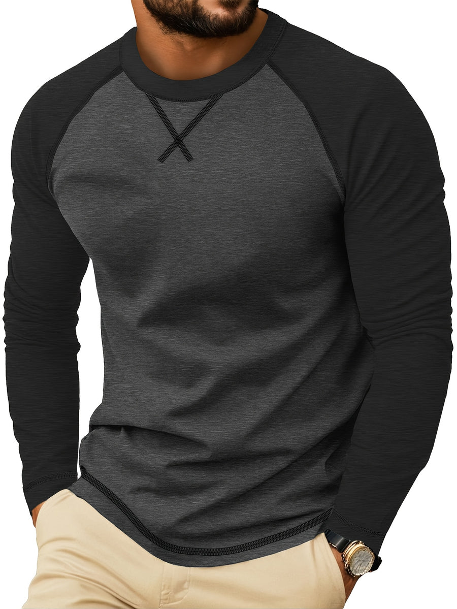Cross-Border Men'S Long Sleeve Round Neck T-Shirt, Export European And American Men'S Clothing Color-Block Top Base Layer - Dark gray with black