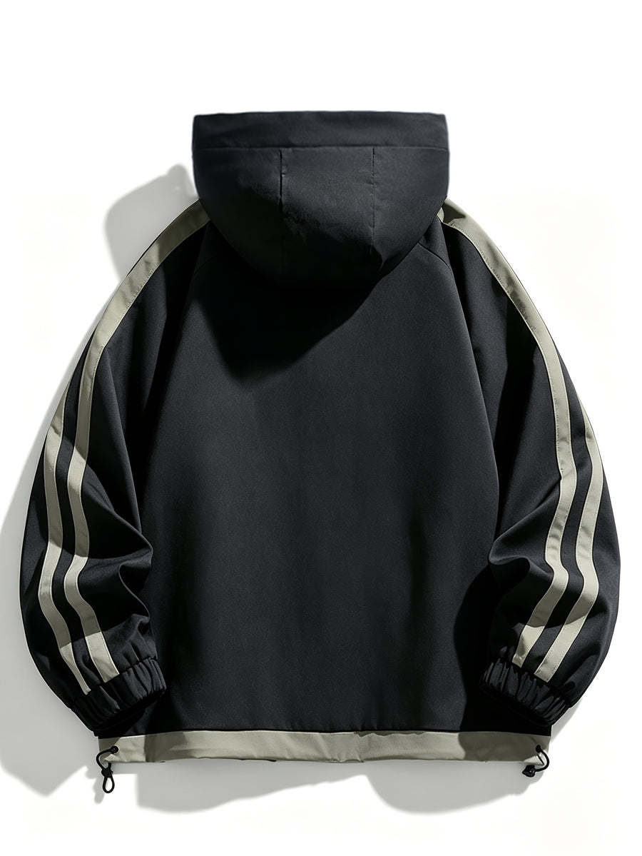 American Color-Block Striped Men'S Hooded Jacket Spring Autumn Drawstring Sports Jacket Ins Trendy Casual Windbreaker - Black