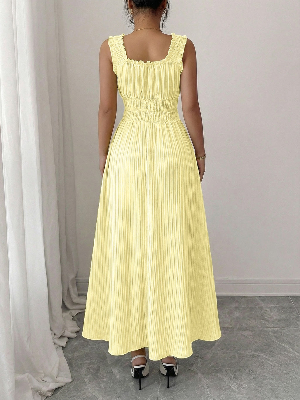 Women'S Spring Summer New Temperament Elegant Solid Texture Fabric Square Neck Tie-Belt A-Line Dress - Yellow