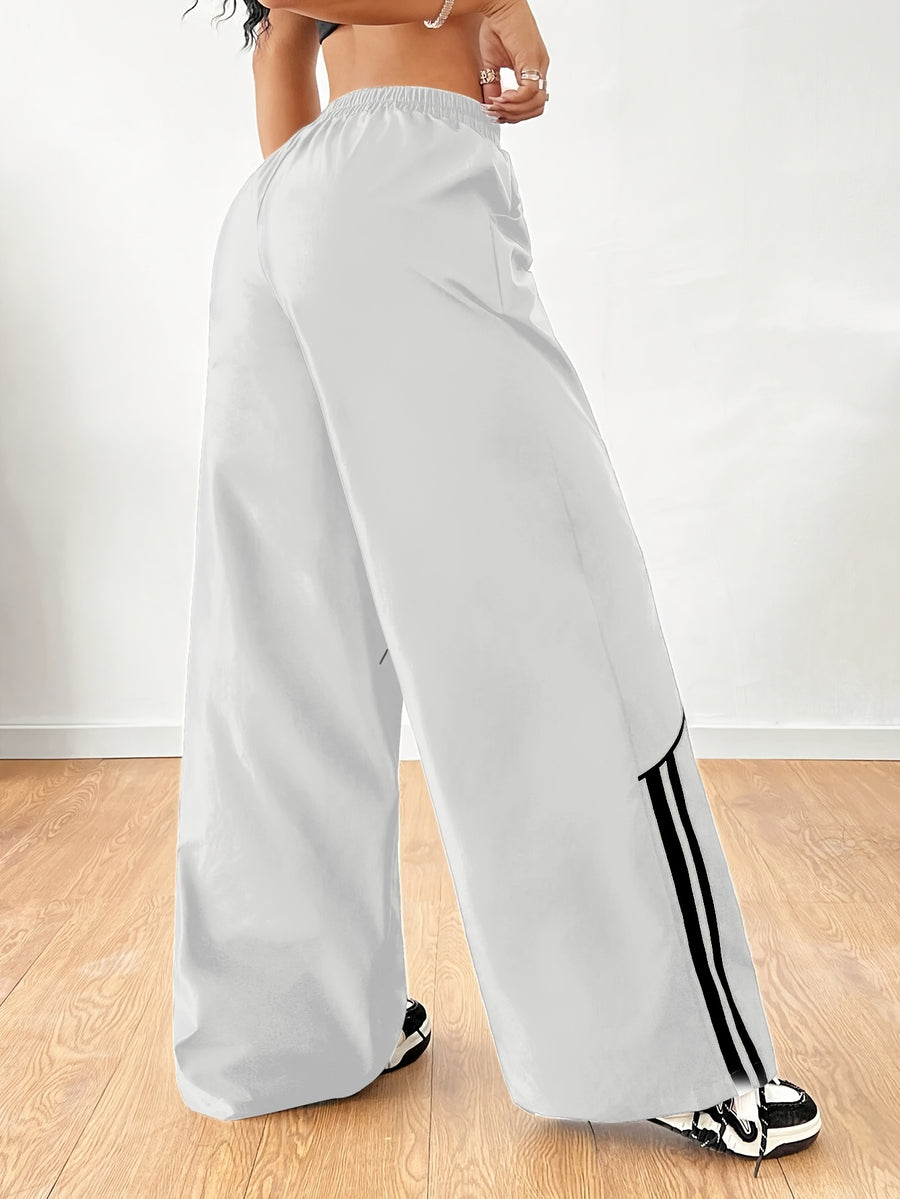 Women's Fashion Y2K Streetwear Wide-Leg Pants with Side Tie Design, Hip-Hop Joggers, Elastic Waist Wide-Leg Pants, Casual Swear, Harem Pants - White