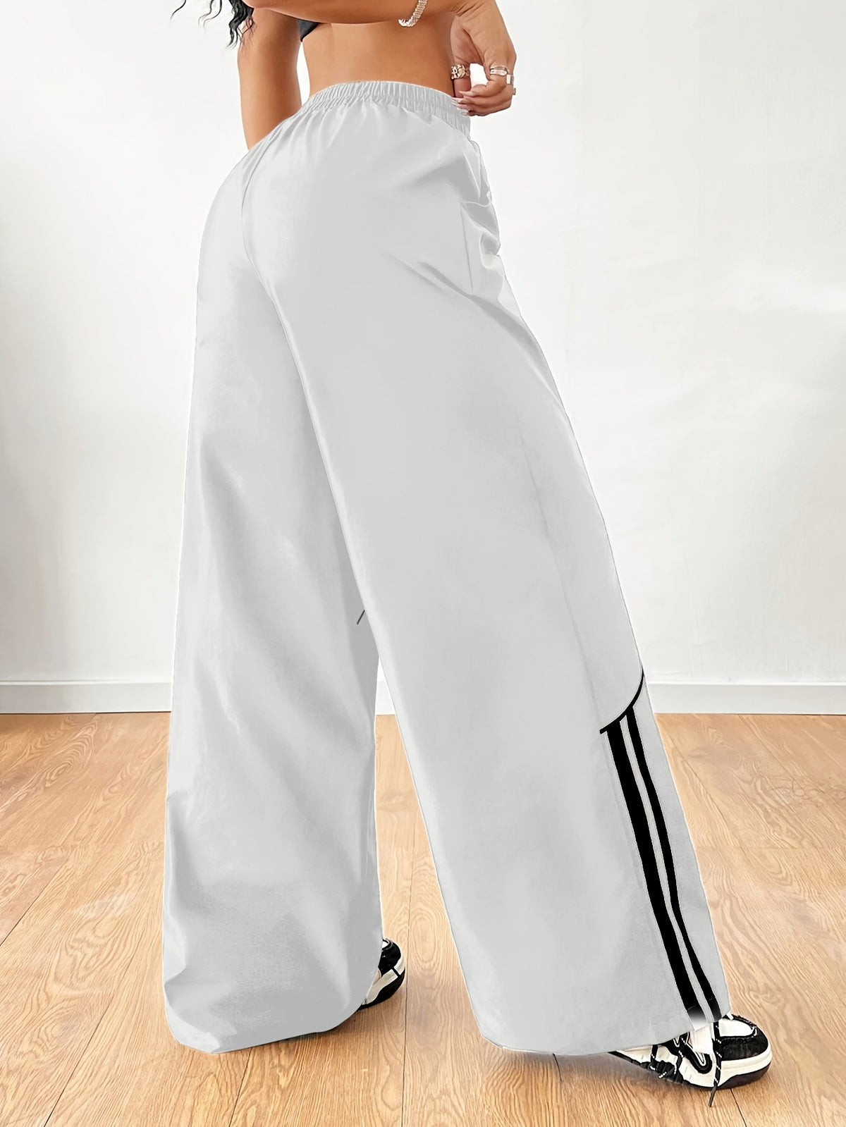 Women's Fashion Y2K Streetwear Wide-Leg Pants with Side Tie Design, Hip-Hop Joggers, Elastic Waist Wide-Leg Pants, Casual Swear, Harem Pants - White