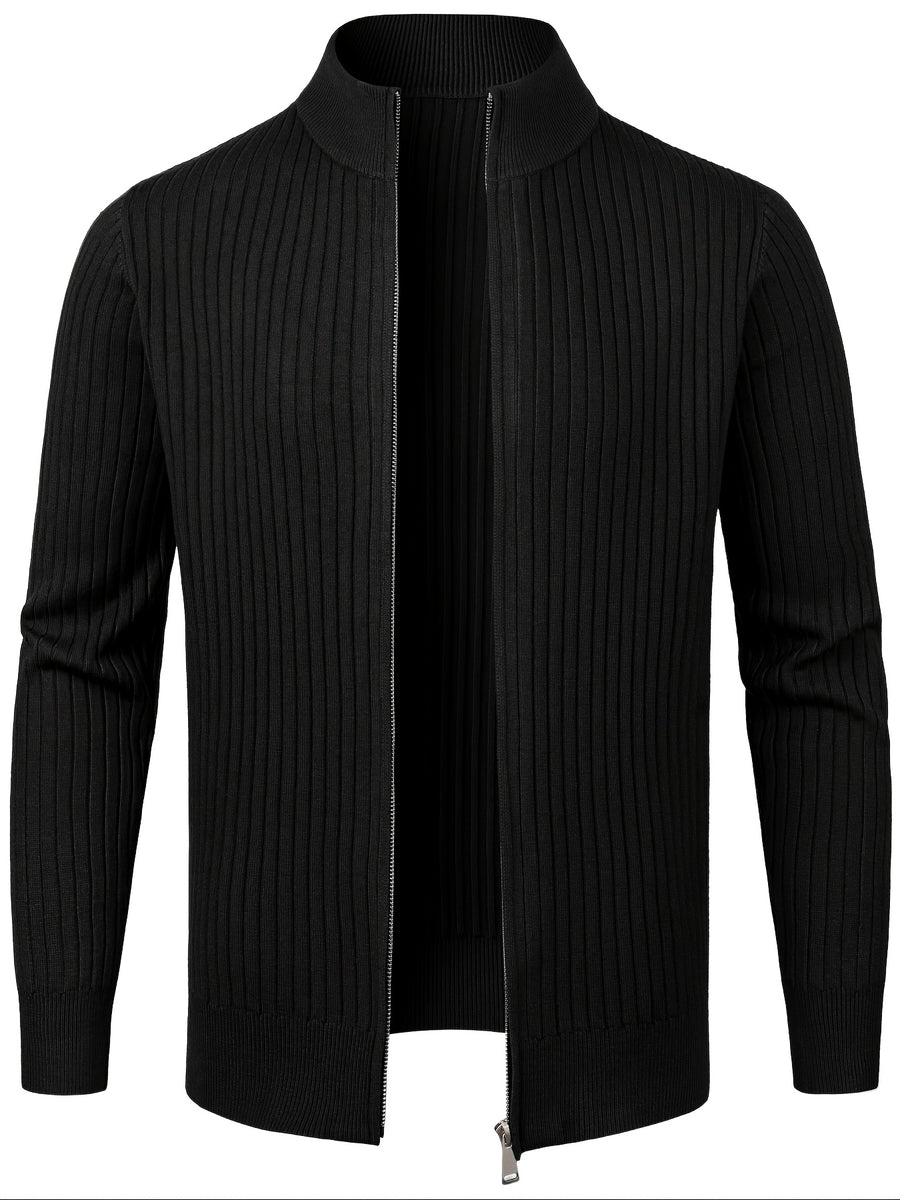2026 Spring/Fall New Men'S Knitted Rib-Striped Zip-Up Cardigan | Stand Collar, Medium Stretch Fabric, Long Sleeve, Casual And Versatile Fit Minimalist Layering - Black