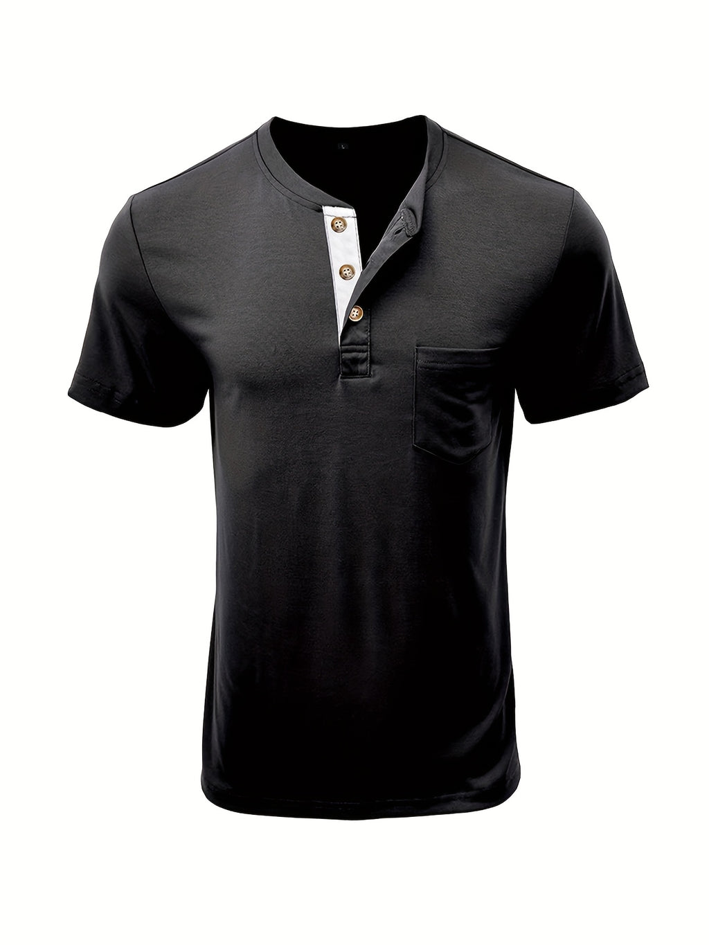 Men'S Summer Round Neck Short Sleeve T-Shirt Henley Shirt Pocket Top - Black