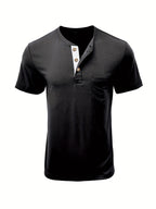 Men'S Summer Round Neck Short Sleeve T-Shirt Henley Shirt Pocket Top - Black