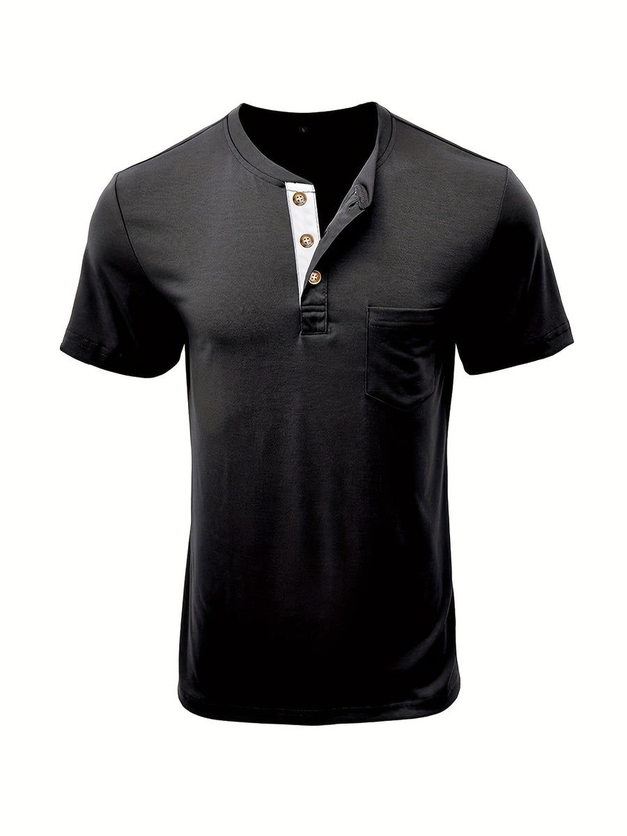 Men'S Summer Round Neck Short Sleeve T-Shirt Henley Shirt Pocket Top - Black