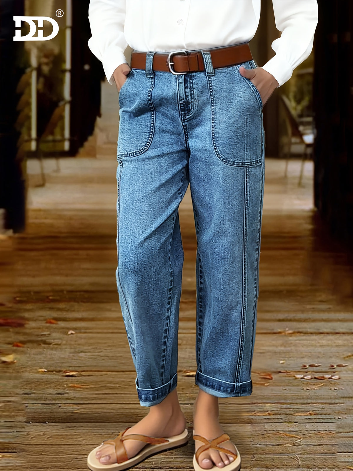 DD Women's 2026 Autumn&winter New Stretch Straight Cropped Jeans, High Waisted Cuffed Jeans with Pockets Vintage Washed Blue Denim Trousers, 90s Ladies' Outfit, Street Style Boyfriend Pantalones Loose Casual Pants Fit for Travel Work and Office Wear. - Medium Blue