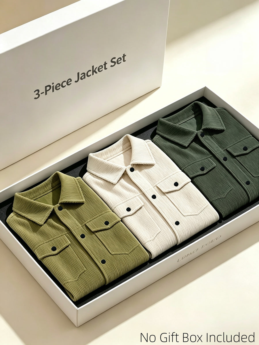 Men's Corduroy Lapel Jacket 3pcs Set, Multi-Pocket Single-Breasted Casual Shirt-Style Outerwear, Vintage Loose Fit Daily Commute Outfit Set, Gift Box Not Included - Khaki + Apricot + Army Green