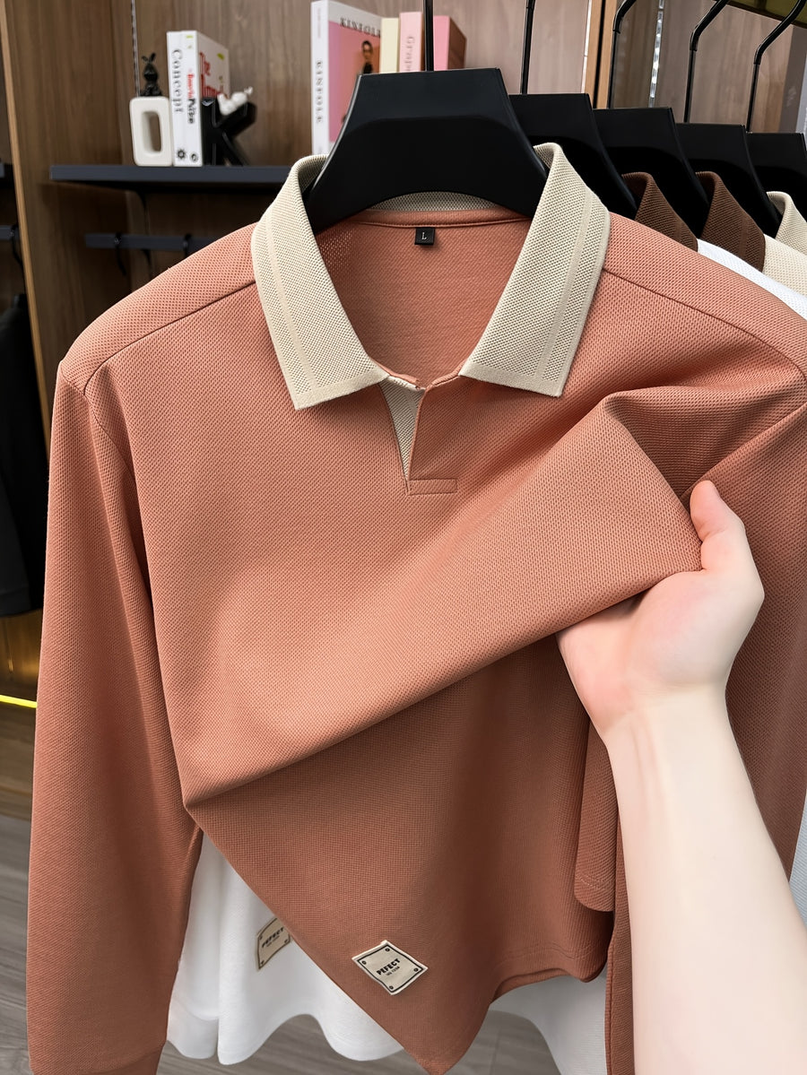 2026 Autumn Men'S Long Sleeve T-Shirt Casual Solid Color Seagull Collar Lapel POLO Shirt - Orange-Red