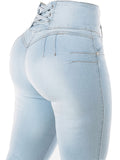Women's High-waisted Stretch Slim-fit Jeans with a Four-button Tummy Control Design, Suitable for Daily Commuting and Outings. Light Blue Washed Versatile Jeans in a European and American Style with a Butt-lifting Effect - Light Blue