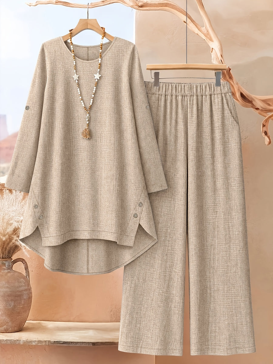 Women'S Fashion Solid Irregular Hem Design Top And Casual Wide-Leg Pants 2pcs Set, Daily Elegant - Khaki