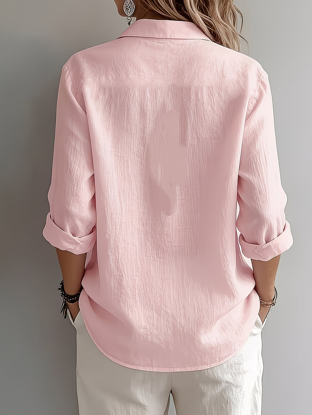 Women's Elegant V-Neck Loose Fit Lazy Linen Textured Shirt - Pink