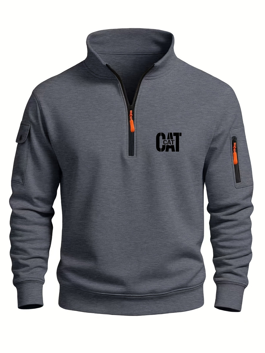 Spring and Autumn Men's Half-Zip Sweatshirt with Print, Loose Fit, Stand-Up Collar, Casual Sport Pullover - Dark Gray 2