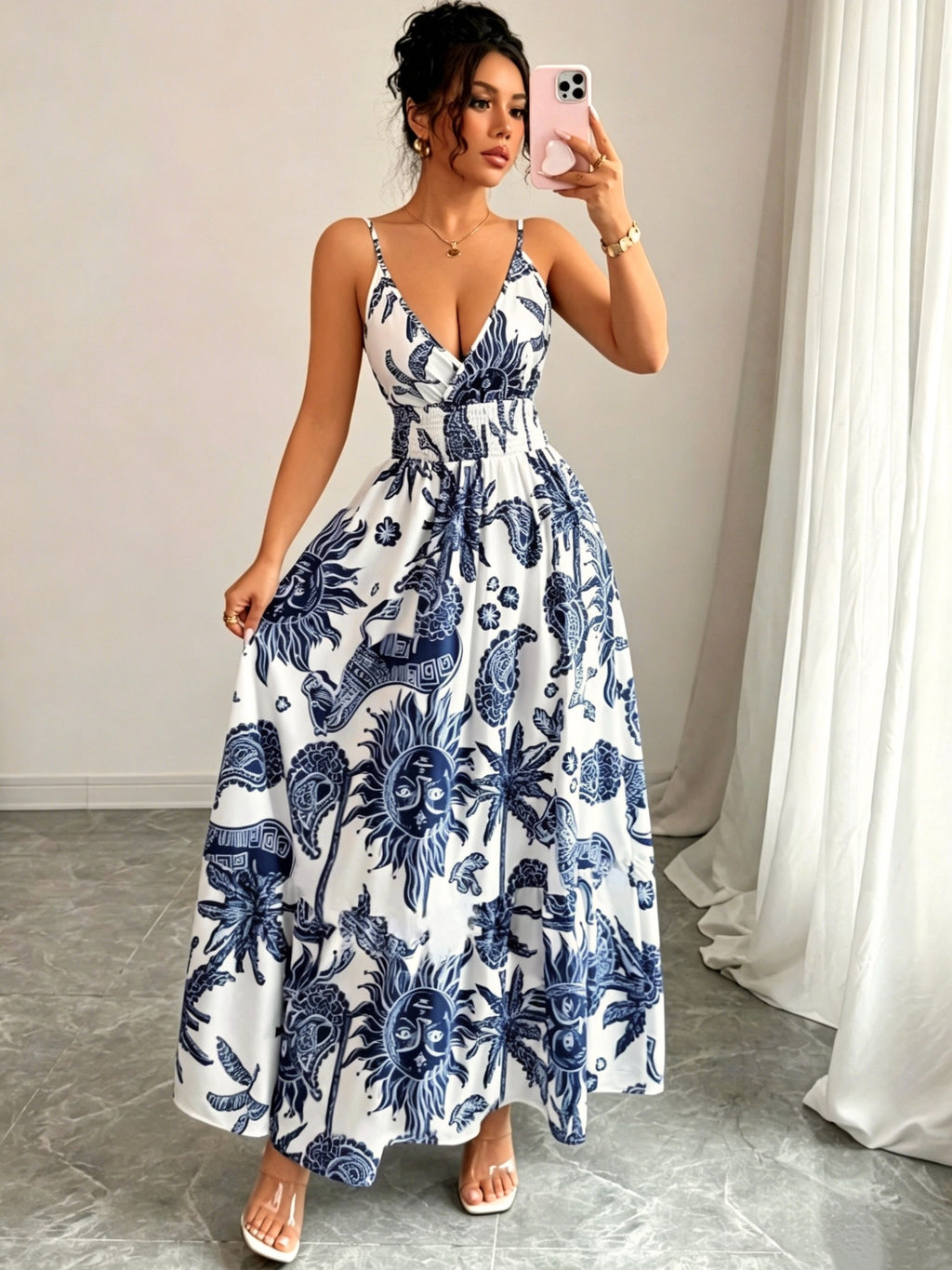 Women'S Elegant Deep V-Neck Floral Print Thin Strap Dress - Multicolor