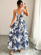Women'S Elegant Deep V-Neck Floral Print Thin Strap Dress - Multicolor