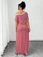 Women'S Plus Size Nightgown, One-Shoulder Striped Print, Wearable for Beach Vacation, Summer Dress - Red