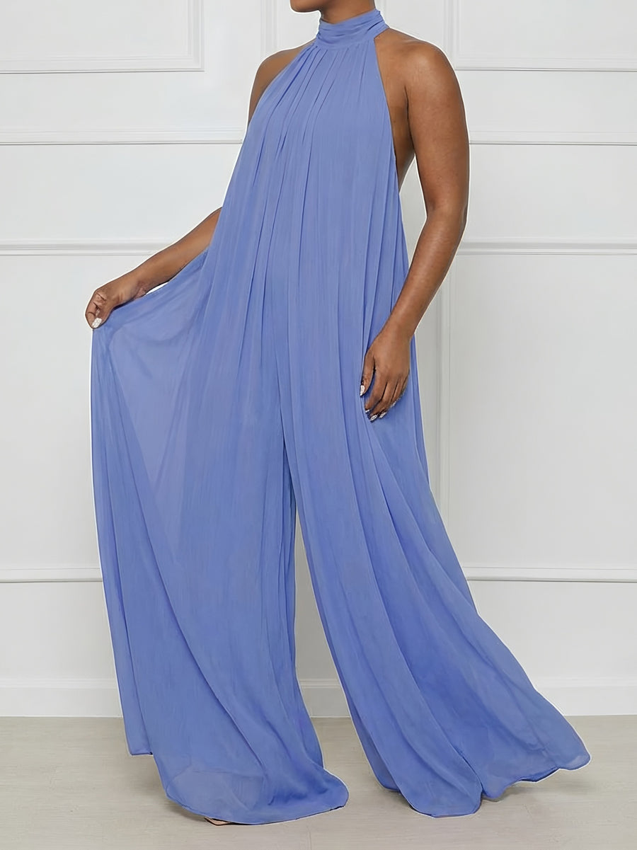 Women'S Casual Vacation Chiffon Halter Neck Backless Wide-Leg Jumpsuit - Deep Sky Blue