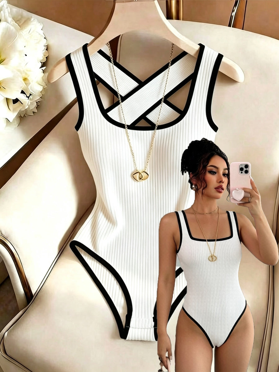 Contouring Black Trim Contrast Ribbed Stretch Women'S Elegant Tight Top Without Additions - White